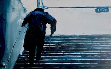A painting of an elderly man walking up the stairs